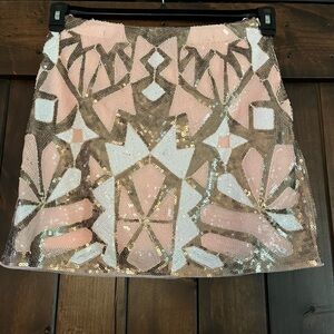 Sequin Embellished Pink and Gold Geometric Mini Skirt